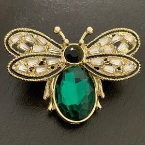 Bee Brooch – Green, White & Black Crystal Pin in Gold Tone Metal